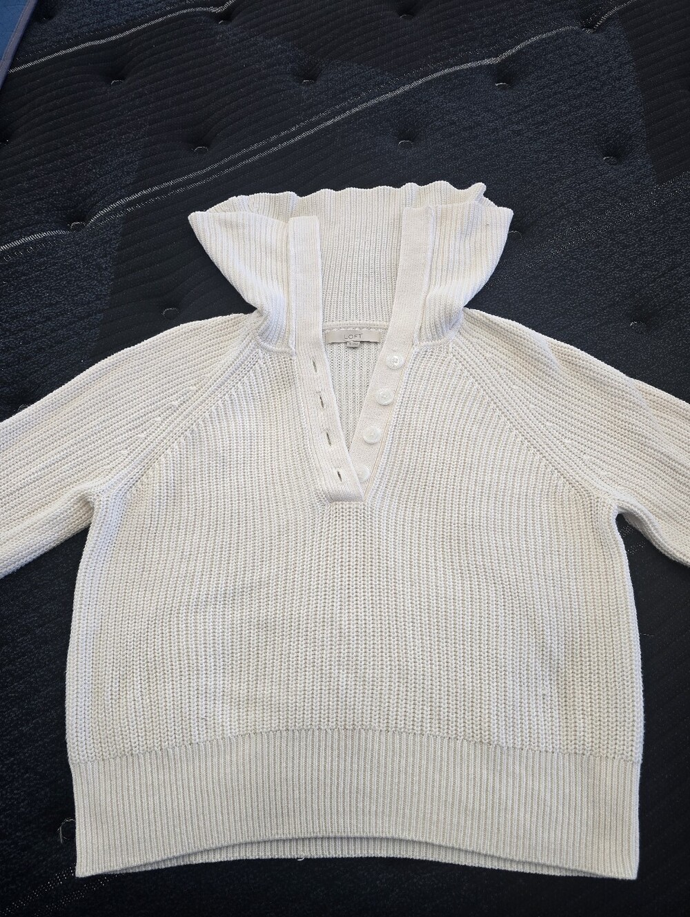 Loft Women's White Ruffled Long Funnel Neck Button-Front Sweater - Size XL